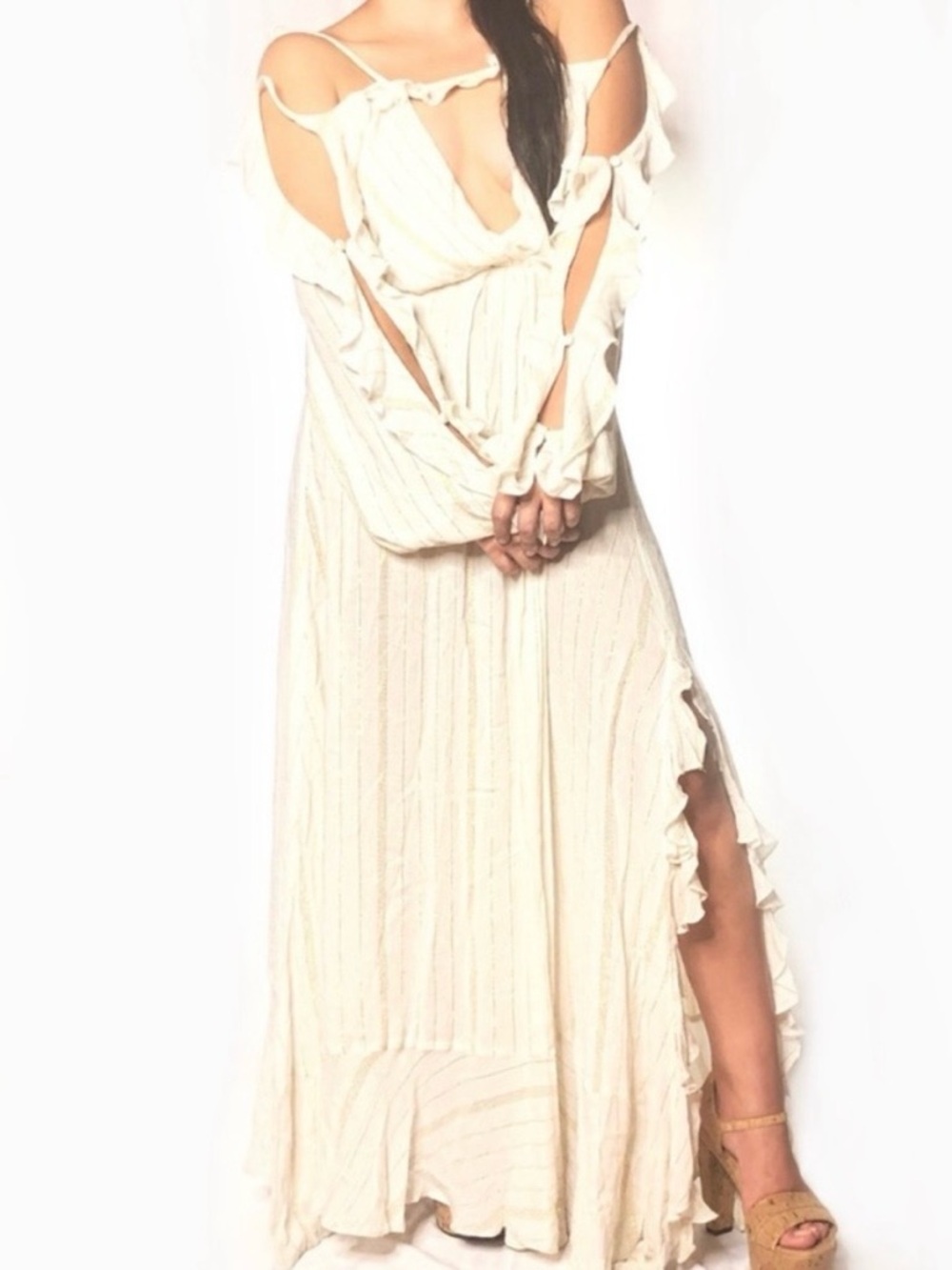 FREE PEOPLE Huxley Maxi Dress Ruffle Cutout Open Back Metallic Stripe Boho Sz M - Picture 2 of 15